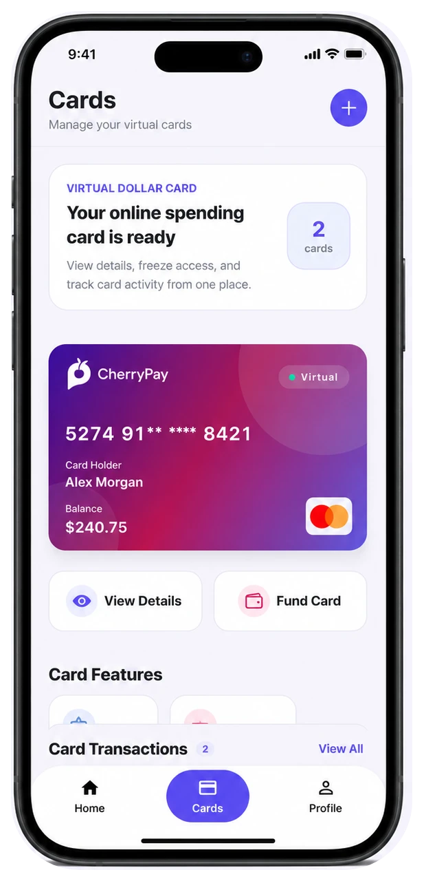 CherryPay virtual card screen with card details, funding controls and card activity