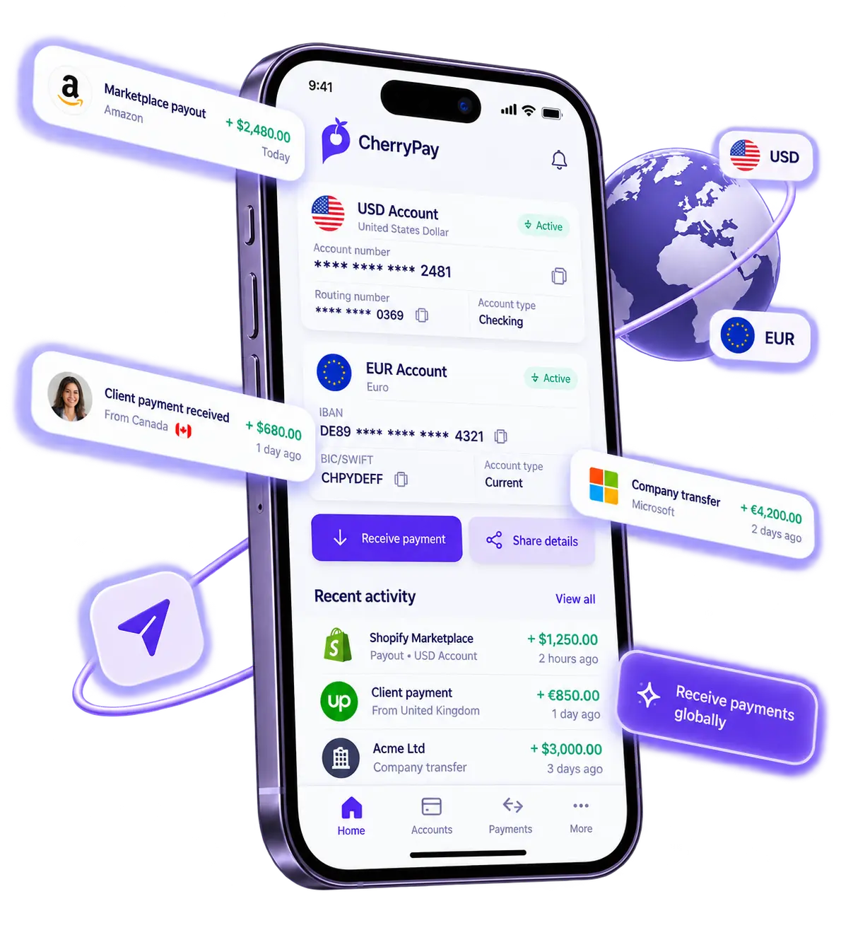 CherryPay USD and Euro account experience for receiving and managing international payments