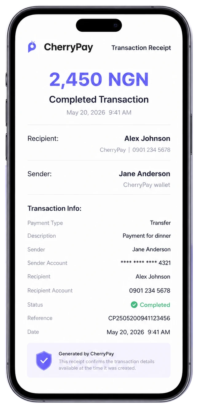Completed CherryPay transaction receipt showing transaction details and reference information